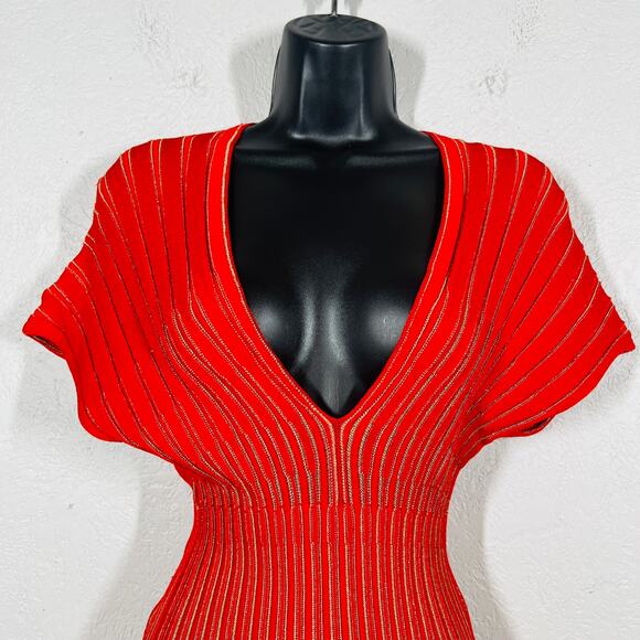 Balmain Paris Pleated Knit Dress Red Gold Cap Sleeve Mini Light DIY Luxury - 40 - Picture 3 of 15